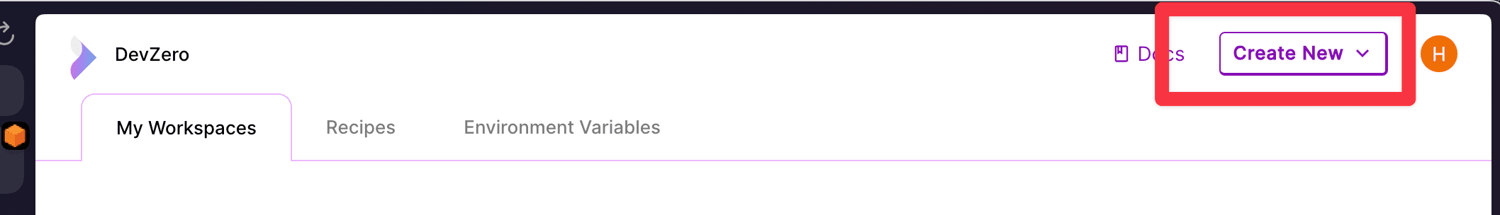 A picture of the DevZero dashboard, with a red highlighted border around the "Create New" button. This button is located in the top-right of the DevZero dashboard.