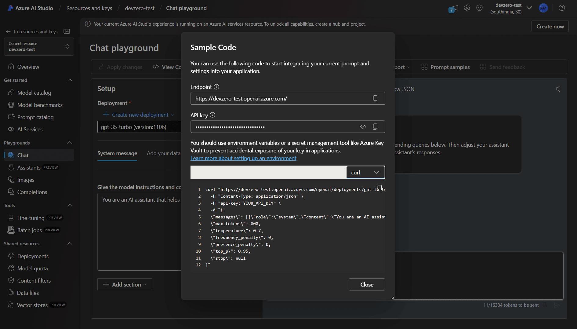 Azure AI Service Connection String