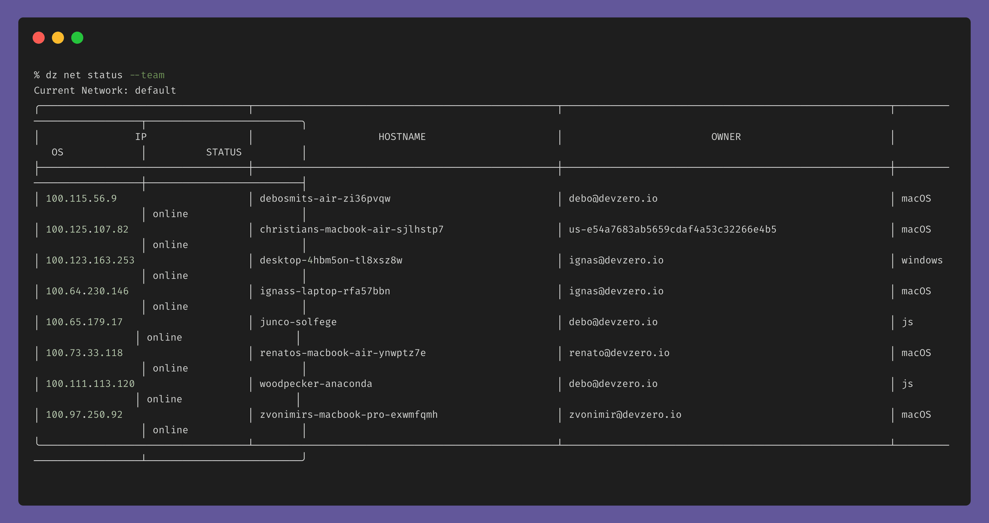 dz network status --team