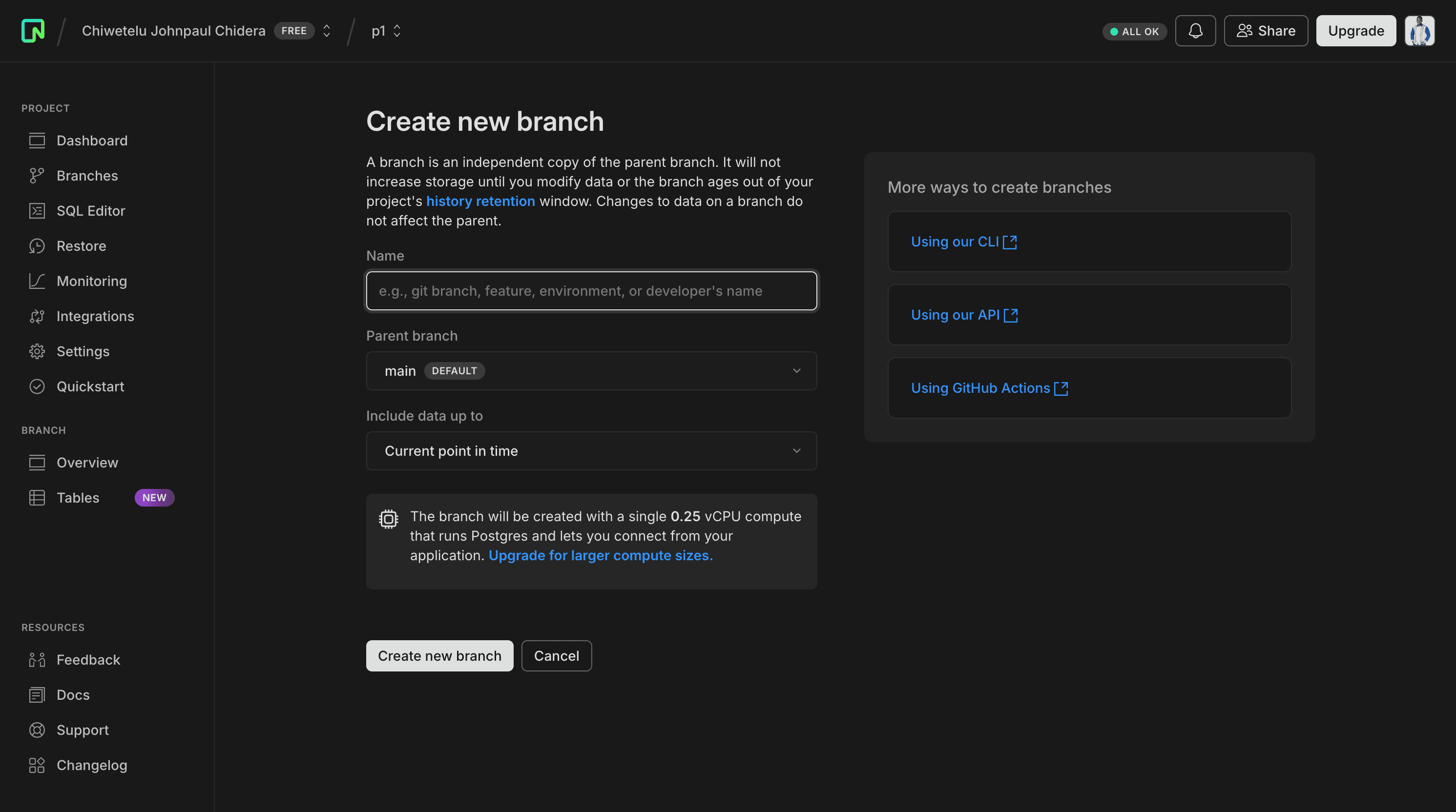 Neon Dashboard Branch Setting