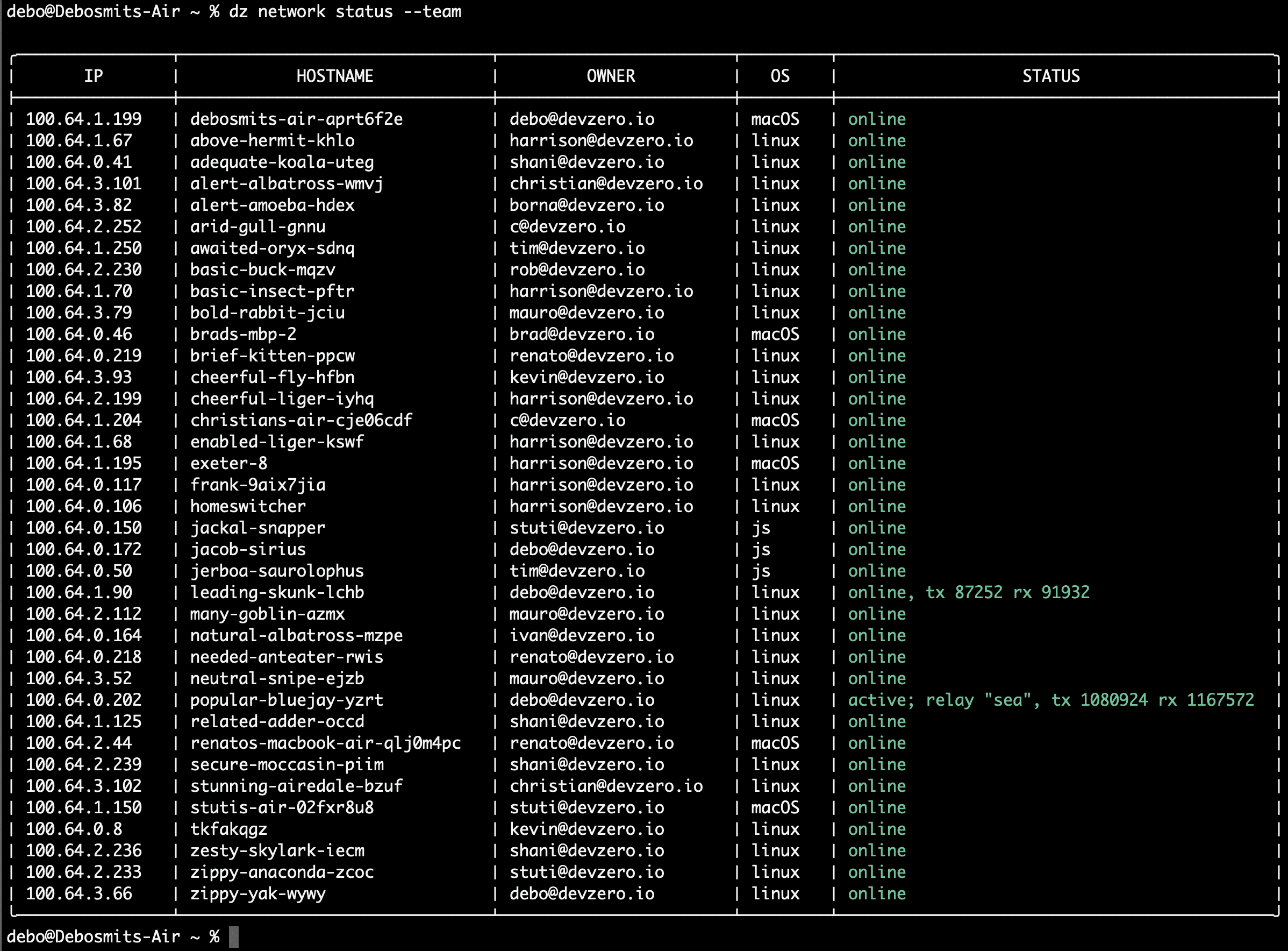 dz network status --team